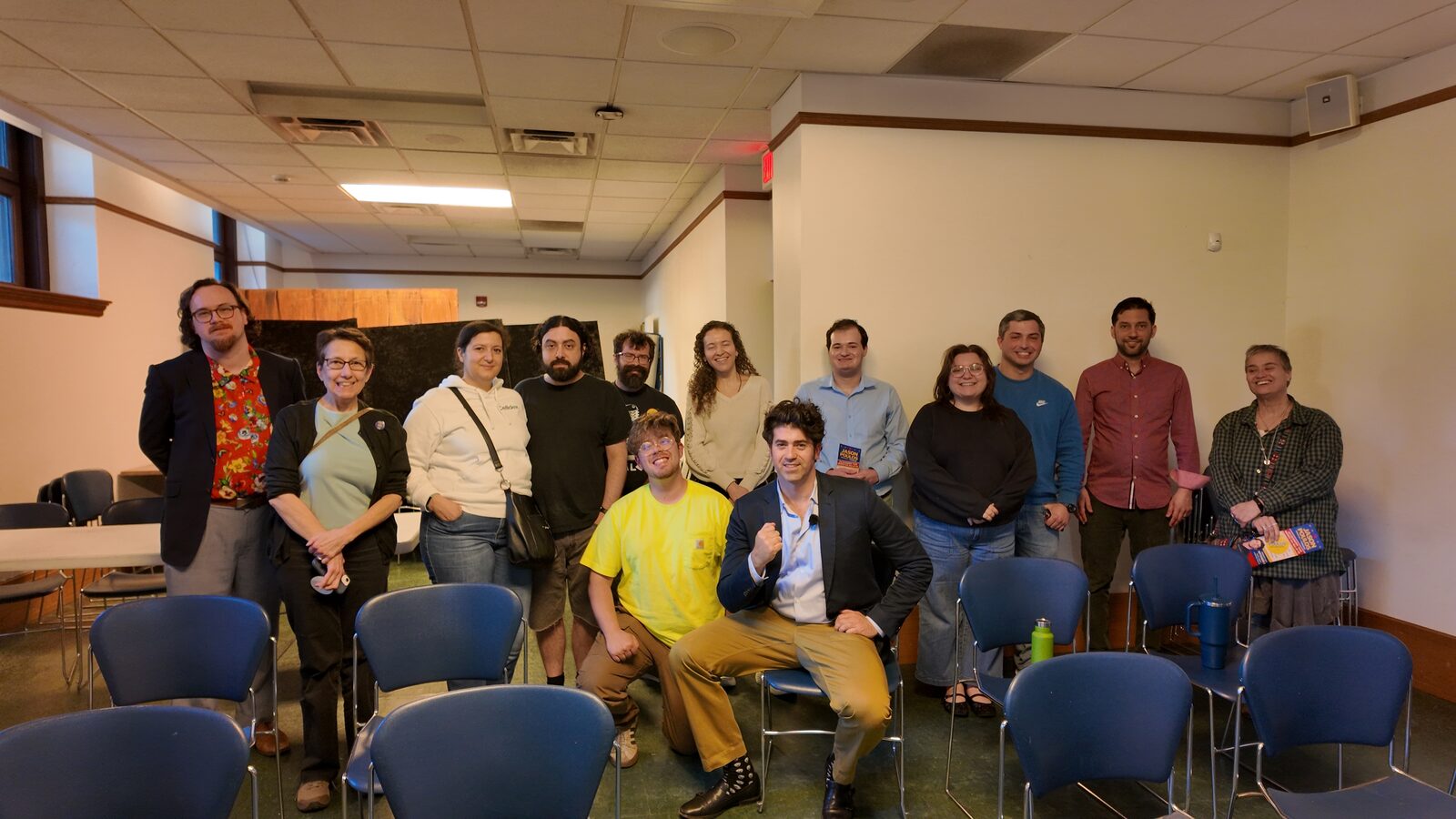 Jason Poulos with attendees at the Fall River town hall, Fall River Public Library, June 1, 2026