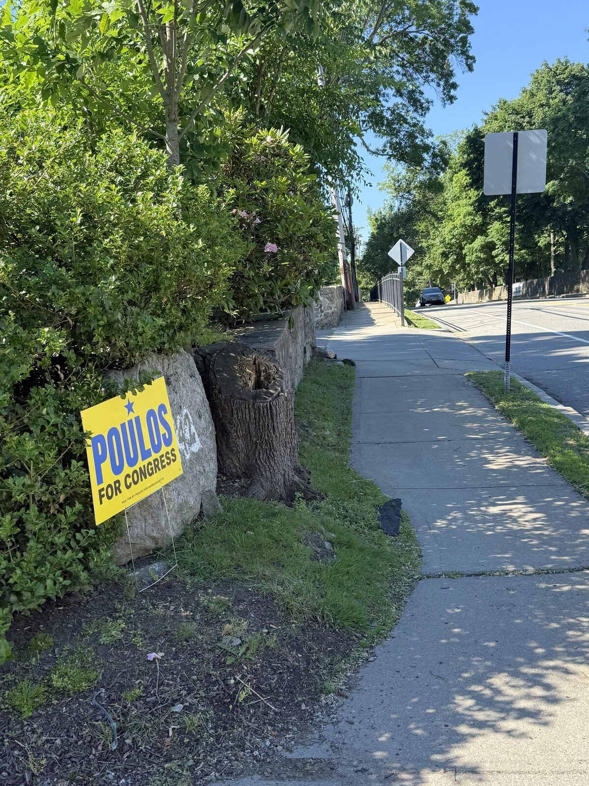 A Jason Poulos for Congress lawn sign posted along a tree-lined sidewalk in MA-04