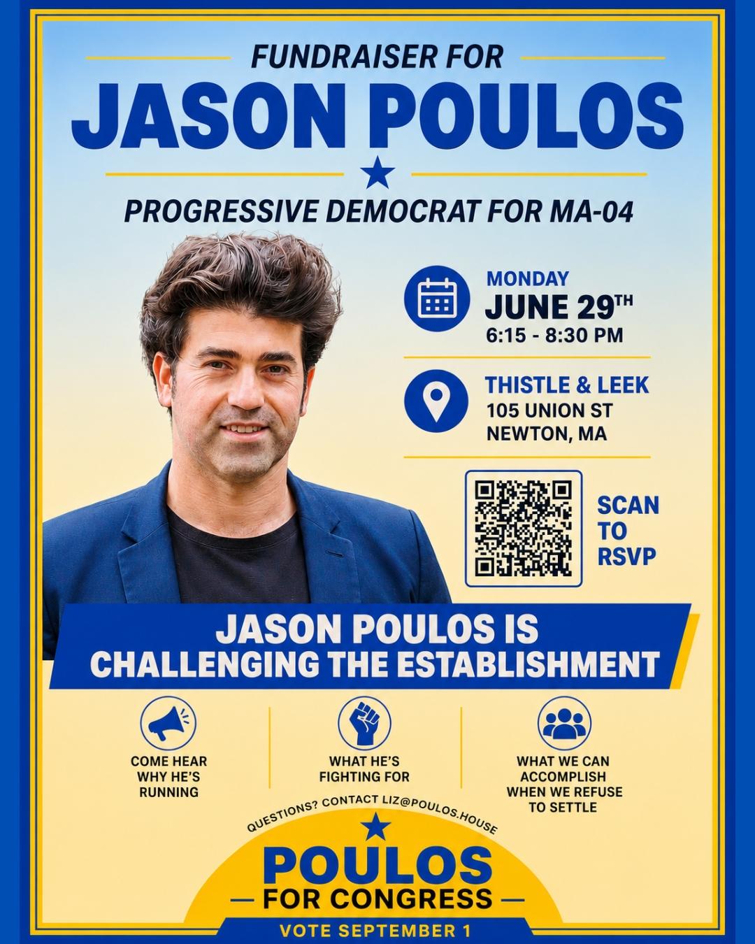 Fundraiser for Jason Poulos — Newton, Monday June 29, 6:15–8:30 PM, Thistle & Leek, 105 Union St, Newton