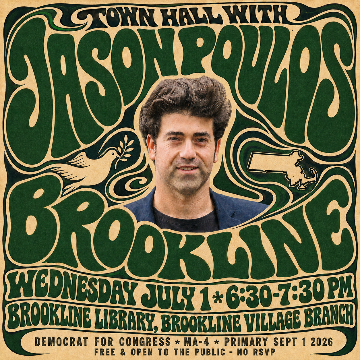 Town Hall with Jason Poulos — Brookline, Wednesday July 1, 6:30–7:30 PM, Brookline Library, Brookline Village Branch