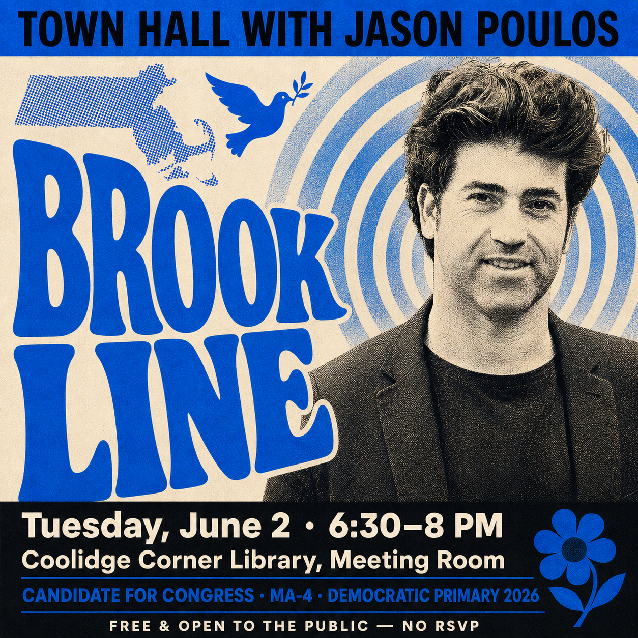Town Hall with Jason Poulos — Brookline, Tuesday June 2, 6:30–8 PM, Coolidge Corner Library Meeting Room