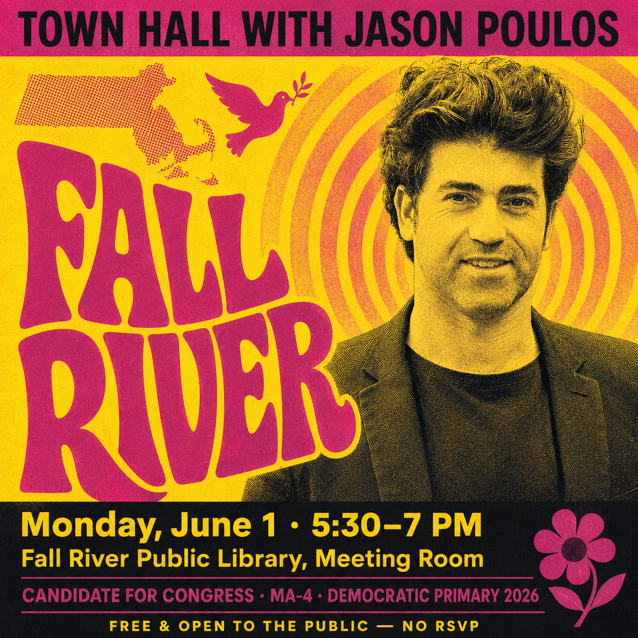 Town Hall with Jason Poulos — Fall River, Monday June 1, 5:30–7 PM, Fall River Public Library Meeting Room