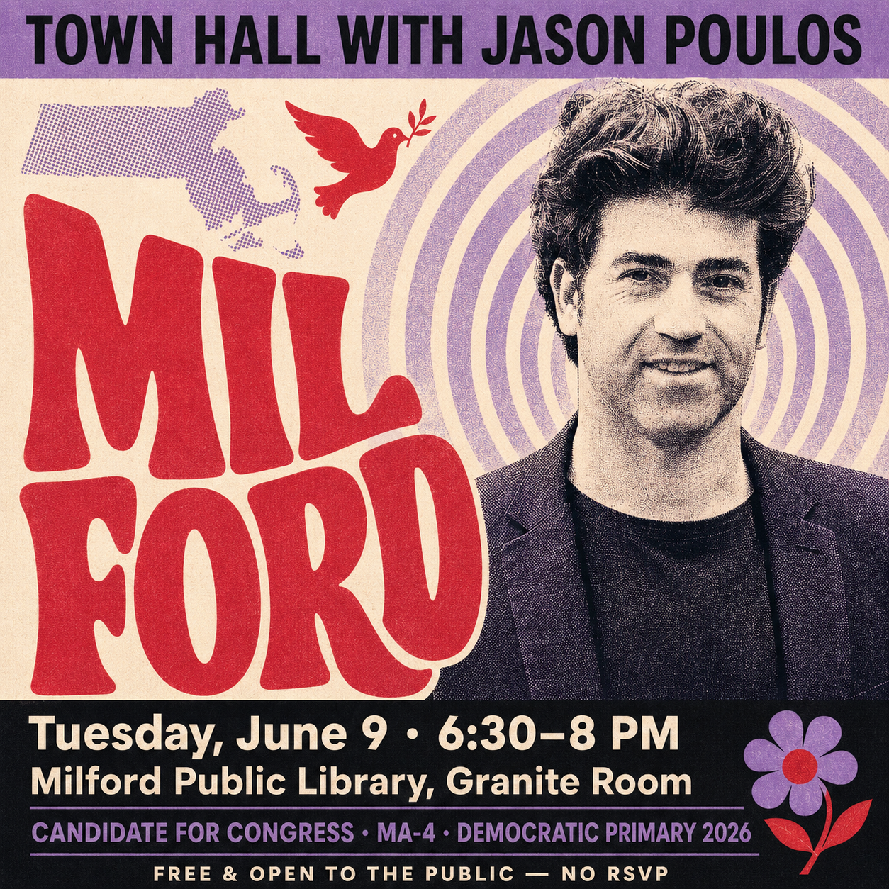 Town Hall with Jason Poulos — Milford, Tuesday June 9, 6:30–8 PM, Milford Public Library Granite Room
